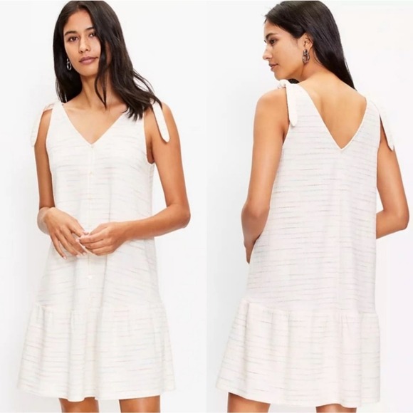 LOFT Dresses & Skirts - Loft Bow Strap Button Flounce Dress Ivory Multi Size XL